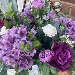 Purple roses, hydrangeas and peony hanging basket, artificial hanging basket, with roses, hydrangeas and peonies, wisteria, Ruscus image 3