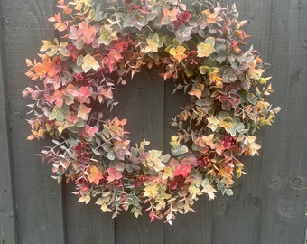 Autumn eucalyptus wreath with burgundy wild gypsophila, autumn wreath for your front door, falls wreath, autumn wreath, front door wreath