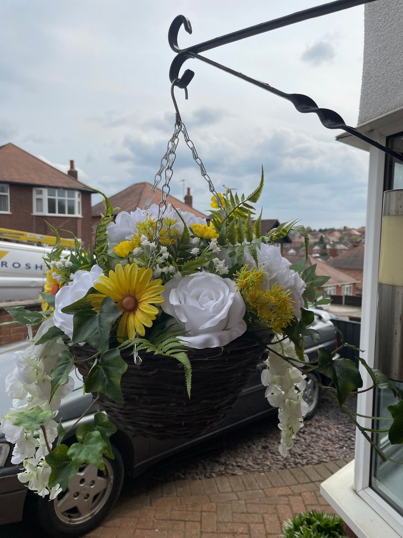 White round artificial hanging basket, with hydrangeas, roses, wisteria, fern and gypsophila. Summer baskets image 8