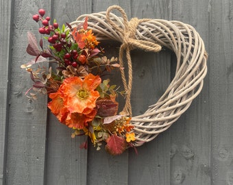 Autumn fall heart wreath, autumn wreath for your front door, with poppies, berries, eucalyptus, autumn foliage, pinecone, Halloween wreath