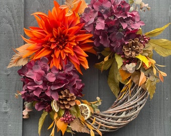 Orange dahlia abs burgundy hydrangea autumn wreath, autumn wreath for your front door, Halloween wreath, falls wreath, with pinecones, Berry