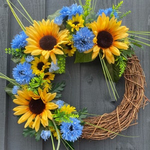 Sunflower and blue cornflower summer wreath for your front door. Summer wreath, summer wreath for front door, artificial wreath, sunflower