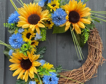 Sunflower and blue cornflower summer wreath for your front door. Summer wreath, summer wreath for front door, artificial wreath, sunflower