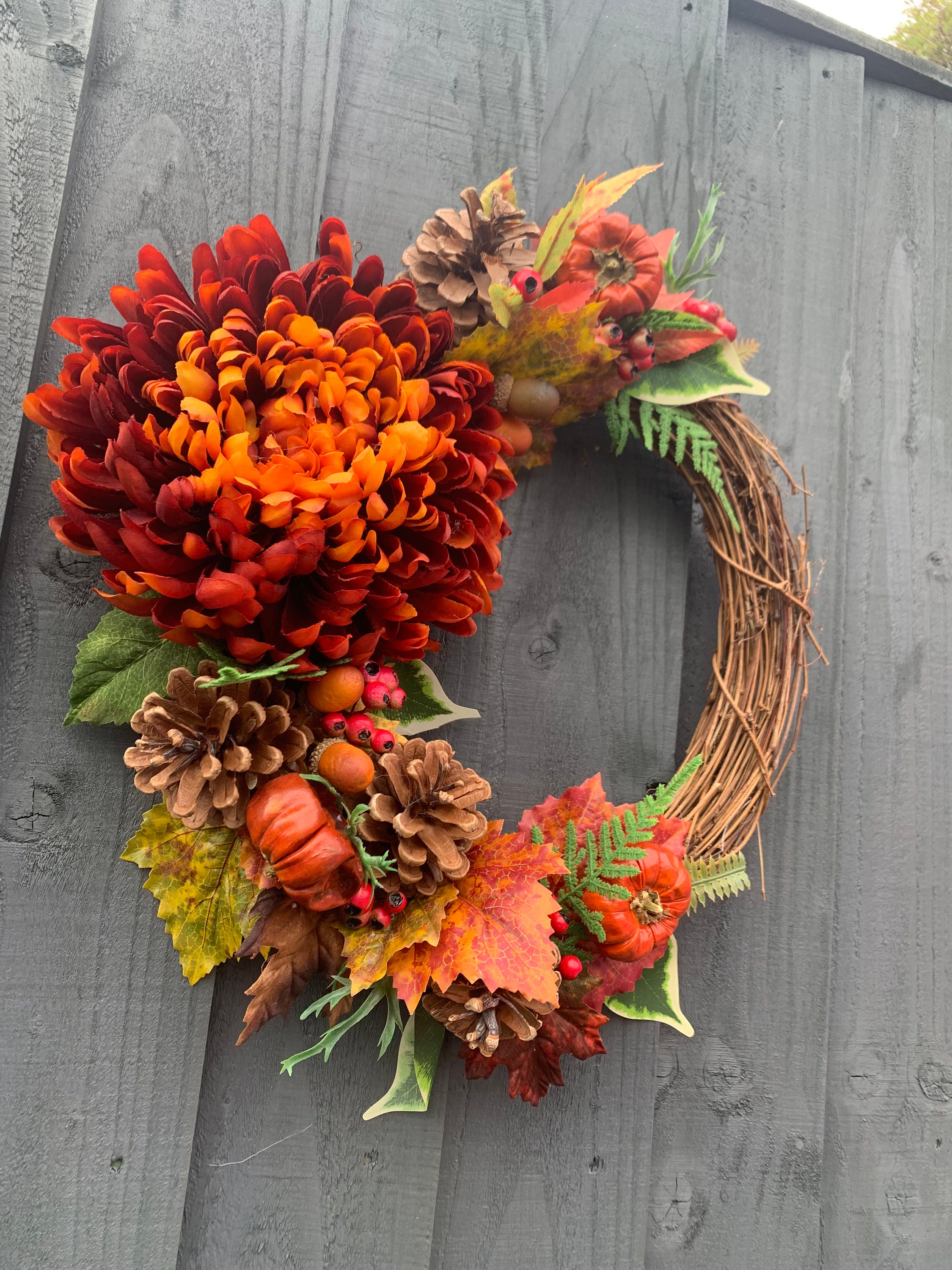 Deep Orange Autumn Wreath for Your Front Door, With Berries,acorns