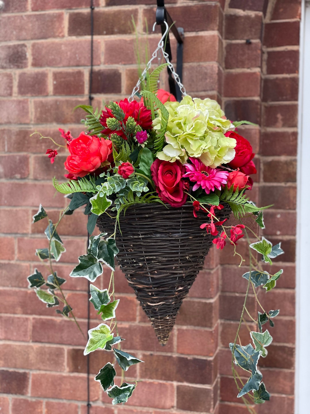 Artificial Hanging Basket With Roses, Peonies, Gerbera, Chrysanthemums