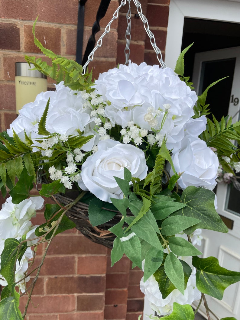 White round artificial hanging basket, with hydrangeas, roses, wisteria, fern and gypsophila. Summer baskets image 2
