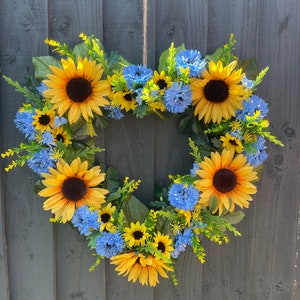 Sunflower and blue cornflower summer wreath for your front door. Summer wreath, heart wreath for front door, artificial wreath, sunflower