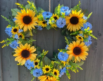 Sunflower Heart Wreath: Blue Cornflower Summer Door Decor