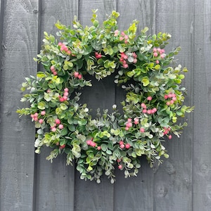 Eucalyptus wreath, summer wreath, spring, all year round wreath, eucalyptus, gypsophila, farm house, front door, wreath