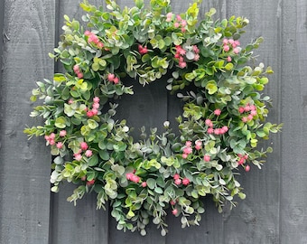 Eucalyptus wreath, summer wreath, spring, all year round wreath, eucalyptus, gypsophila, farm house, front door, wreath