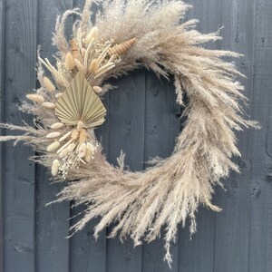 Pampas grass wreath, with dried flower arrangement, including bunny tails, palm fans. image 2