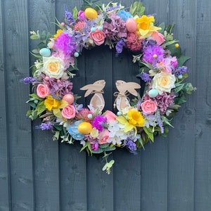 Easter / spring wreath for your front door, with daffodils, Easter eggs, roses, hydrangeas image 2