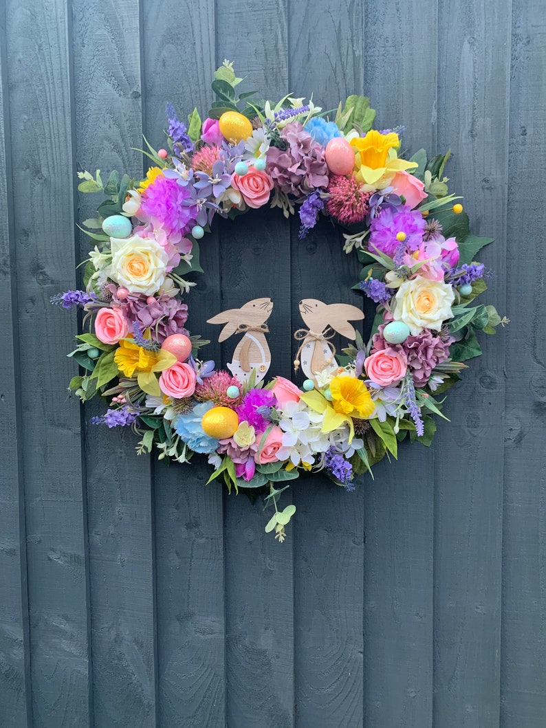 Easter / spring wreath for your front door, with daffodils, Easter eggs, roses, hydrangeas image 2