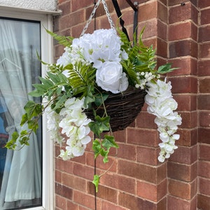White round artificial hanging basket, with hydrangeas, roses, wisteria, fern and gypsophila. Summer baskets image 3