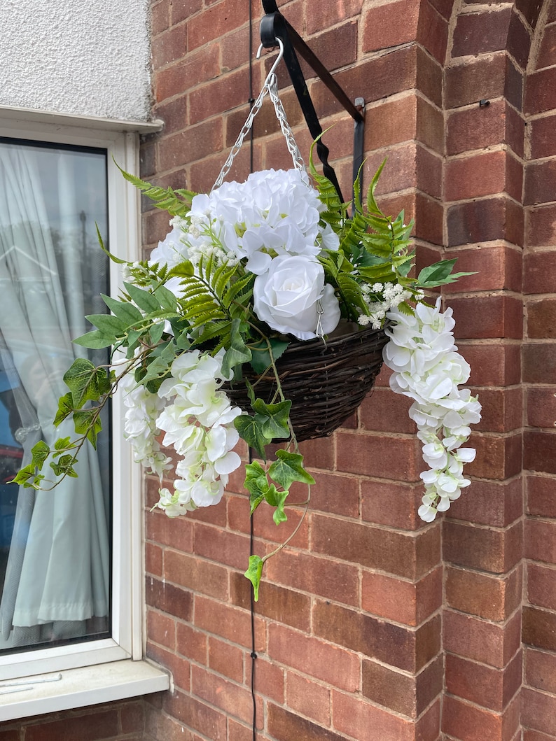 White round artificial hanging basket, with hydrangeas, roses, wisteria, fern and gypsophila. Summer baskets image 3