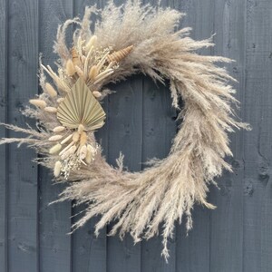 Pampas grass wreath, with dried flower arrangement, including bunny tails, palm fans. image 1