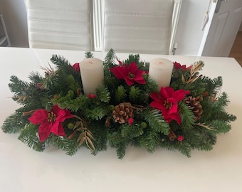 Artificial Christmas Table Centerpiece, Pine, Poinsettia, Cinnamon Sticks