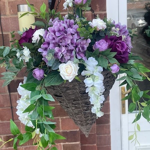 Purple roses, hydrangeas and peony hanging basket, artificial hanging basket, with roses, hydrangeas and peonies, wisteria, Ruscus image 1