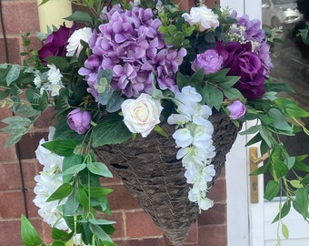 Purple roses, hydrangeas and peony hanging basket, artificial hanging basket, with roses, hydrangeas and peonies, wisteria, Ruscus