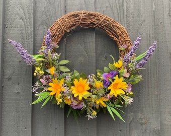 Yellow daisy and pansies, spring wreath,  for your front door, summer wreath, artificial wreath, summer wreath for your front door