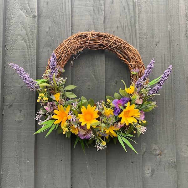 Yellow daisy and pansies, spring wreath,  for your front door, summer wreath, artificial wreath, summer wreath for your front door