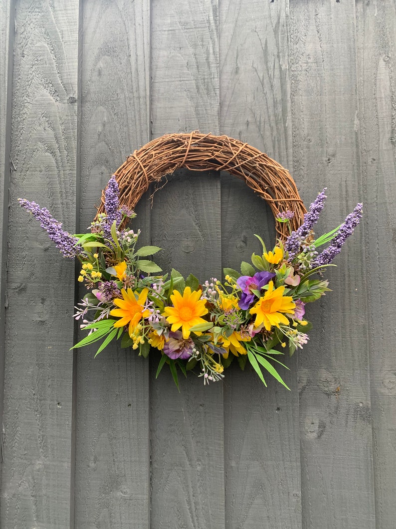 Yellow daisy and pansies, spring wreath, for your front door, summer wreath, artificial wreath, summer wreath for your front door image 1