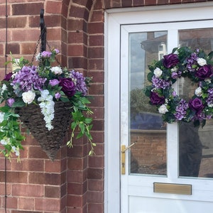 Purple roses, hydrangeas and peony hanging basket, artificial hanging basket, with roses, hydrangeas and peonies, wisteria, Ruscus afbeelding 4