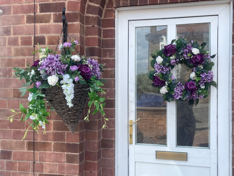 Purple roses, hydrangeas and peony hanging basket, artificial hanging basket, with roses, hydrangeas and peonies, wisteria, Ruscus afbeelding 4