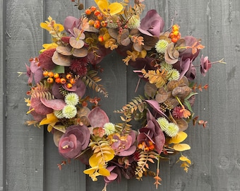 Autumn wreath for your front door, autumn wreath, artificial wreath, Halloween, door wreath full of thistles, berries, eucalyptus