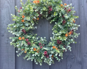 Autumn eucalyptus wreath, autumn wreath, autumn front door wreath, autumn decor, front door wreath, eucalyptus wreath with burgundy