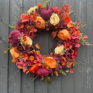 Artificial Autumn Wreath: Pumpkins, Roses, Hydrangeas, Berries