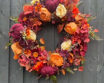 Autumn wreath, artificial wreath, large autumn wreath, pumpkins, Halloween wreath, pumpkin wreath with roses, hydrangeas, thistles berries