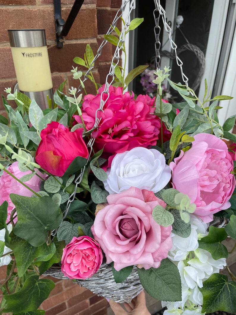 Pink and White Artificial Hanging Basket With Peonies Etsy UK