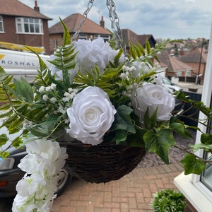 White round artificial hanging basket, with hydrangeas, roses, wisteria, fern and gypsophila. Summer baskets image 5