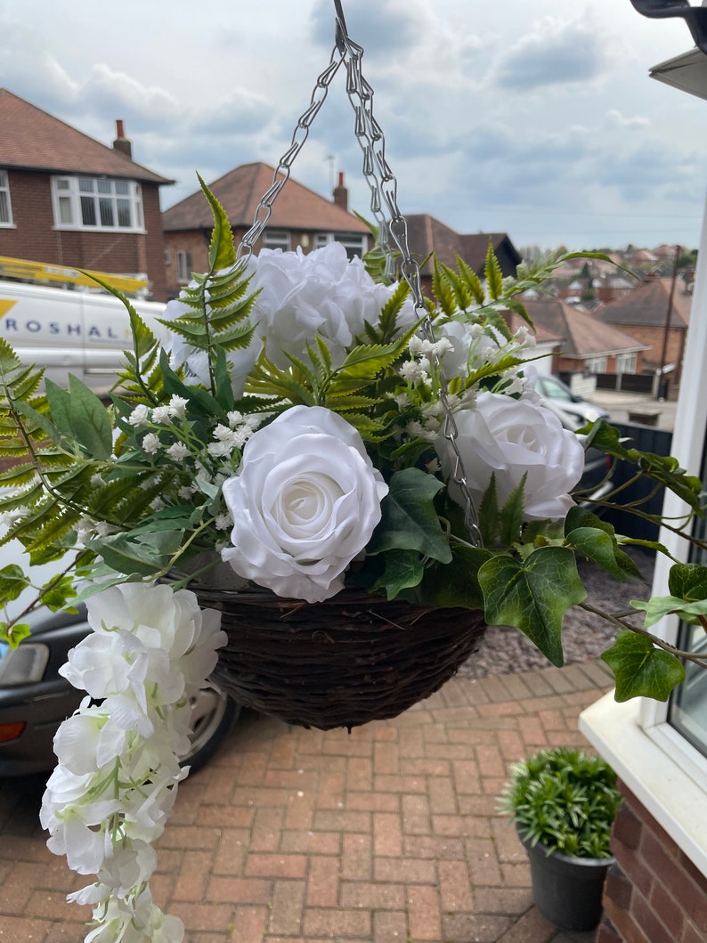 White round artificial hanging basket, with hydrangeas, roses, wisteria, fern and gypsophila. Summer baskets image 5