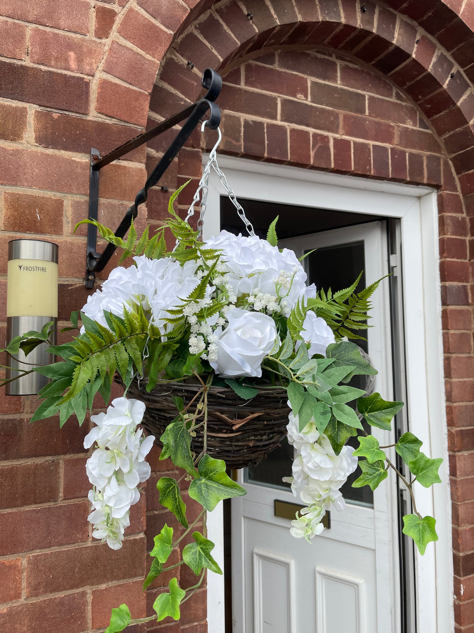 White round artificial hanging basket with hydrangeas roses Etsy