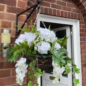 White round artificial hanging basket, with hydrangeas, roses, wisteria, fern and gypsophila. Summer baskets image 4