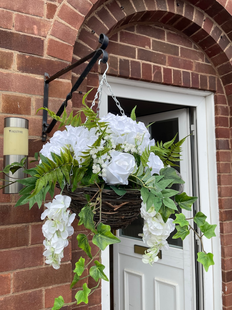 White round artificial hanging basket, with hydrangeas, roses, wisteria, fern and gypsophila. Summer baskets image 4