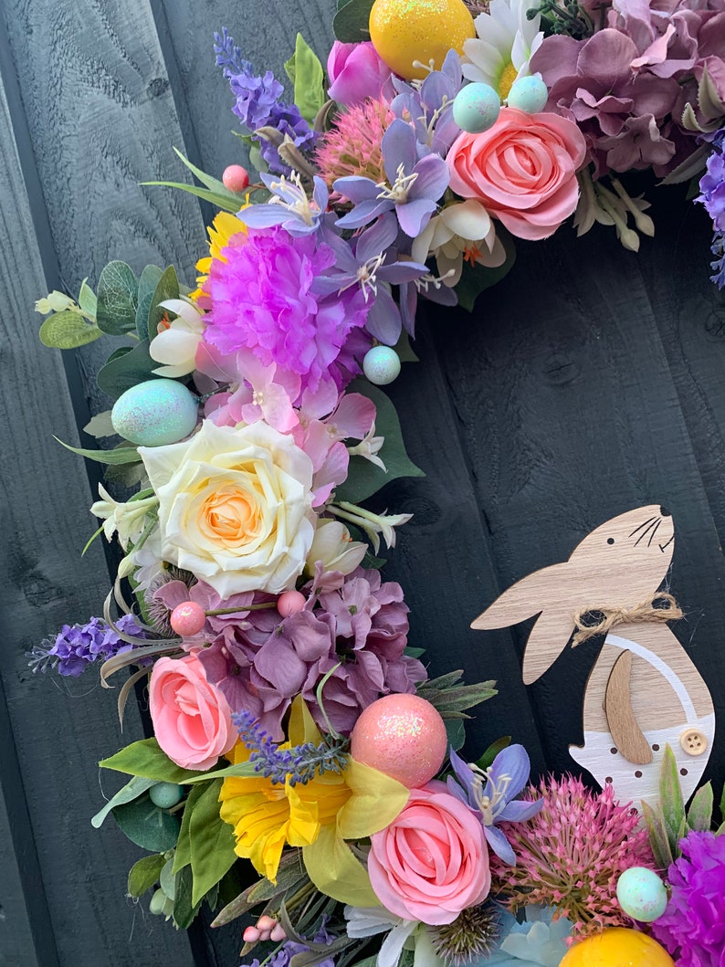 Easter / spring wreath for your front door, with daffodils, Easter eggs, roses, hydrangeas image 4