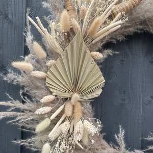 Pampas grass wreath, with dried flower arrangement, including bunny tails, palm fans. image 3