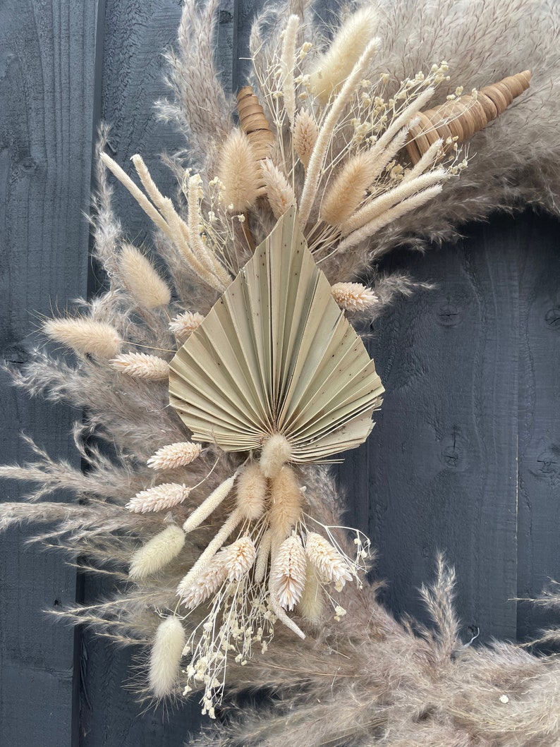 Pampas grass wreath, with dried flower arrangement, including bunny tails, palm fans. image 3