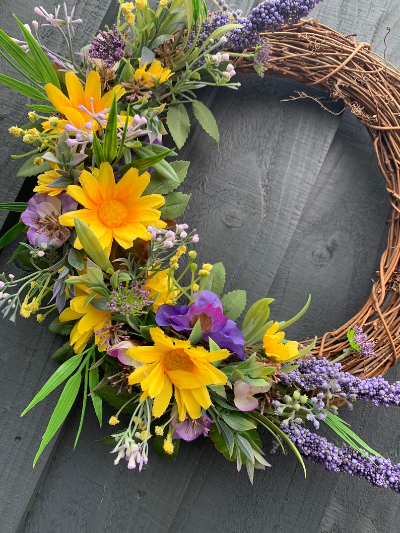 Yellow daisy and pansies, spring wreath, for your front door, summer wreath, artificial wreath, summer wreath for your front door image 3