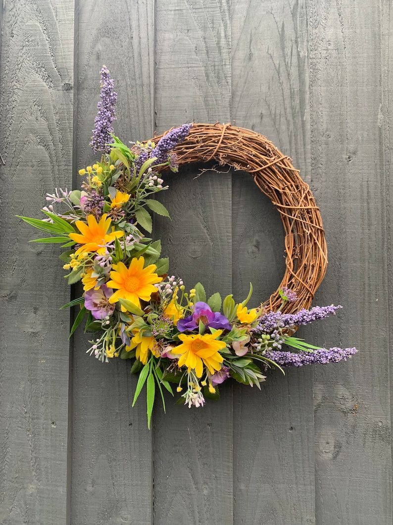 Yellow daisy and pansies, spring wreath, for your front door, summer wreath, artificial wreath, summer wreath for your front door image 2