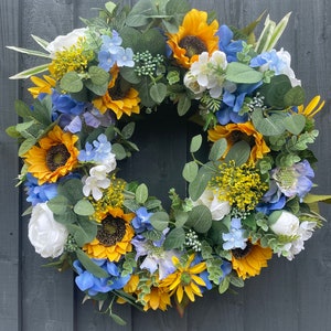 Sunflower Summer Wreath: Hydrangeas, Daisies & Eucalyptus Door Decor