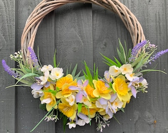 Daffodils and cherry blossom spring/Easter wreath for your front door.