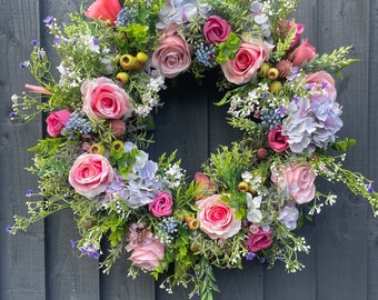 Spring wreath, spring wreath for your front door, with roses, hydrangeas, daisy’s, berries, eucalyptus, artificial wreath, door wreath