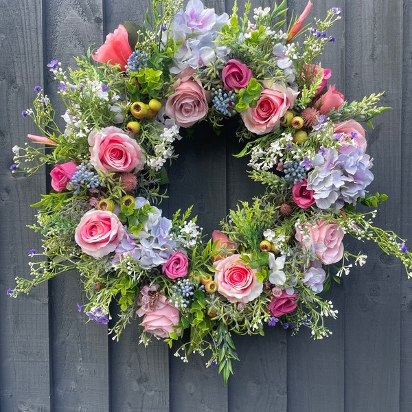 Spring wreath, spring wreath for your front door, with roses, hydrangeas, daisy’s, berries, eucalyptus, artificial wreath, door wreath