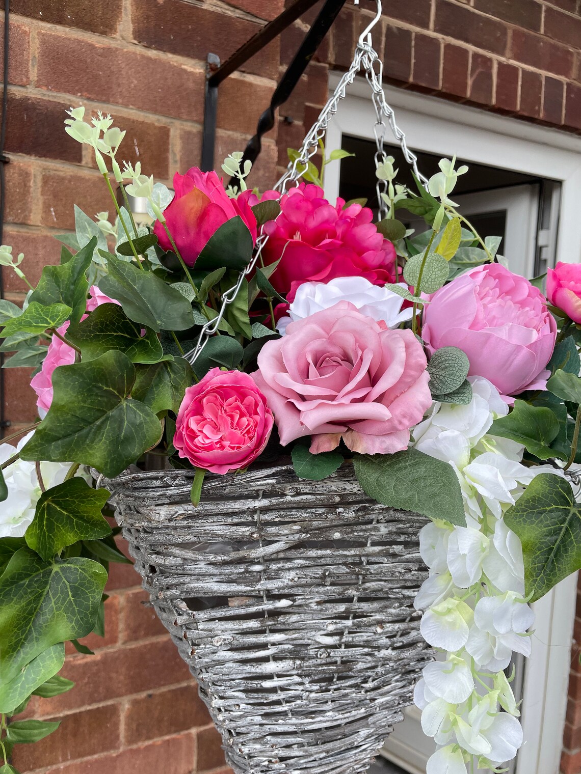 Pink and White Artificial Hanging Basket With Peonies Etsy UK