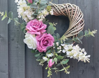 Rose heart wreath for your front door, summer wreath, all year round with roses, eucalyptus, gypsophila, summer front door