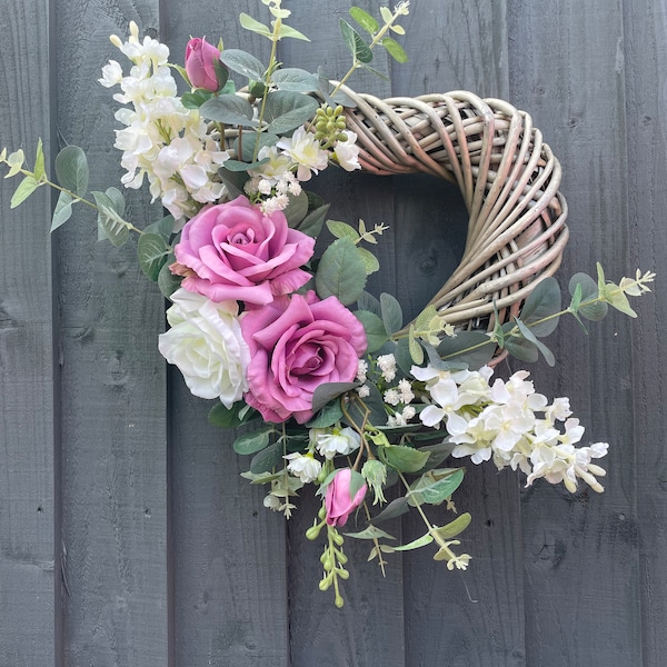 Rose heart wreath for your front door, summer wreath, all year round with roses, eucalyptus, gypsophila, summer front door